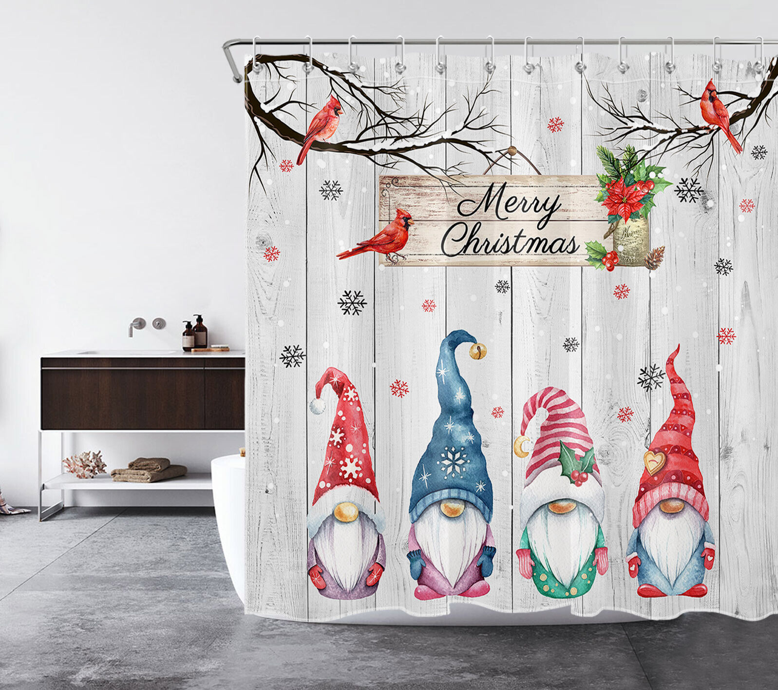 Winter Gnome Shower Curtain Rustic Board Snowflake Bathroom Decorations