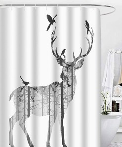Winter Holiday Deer and Birds Silhouette Shower Curtain 