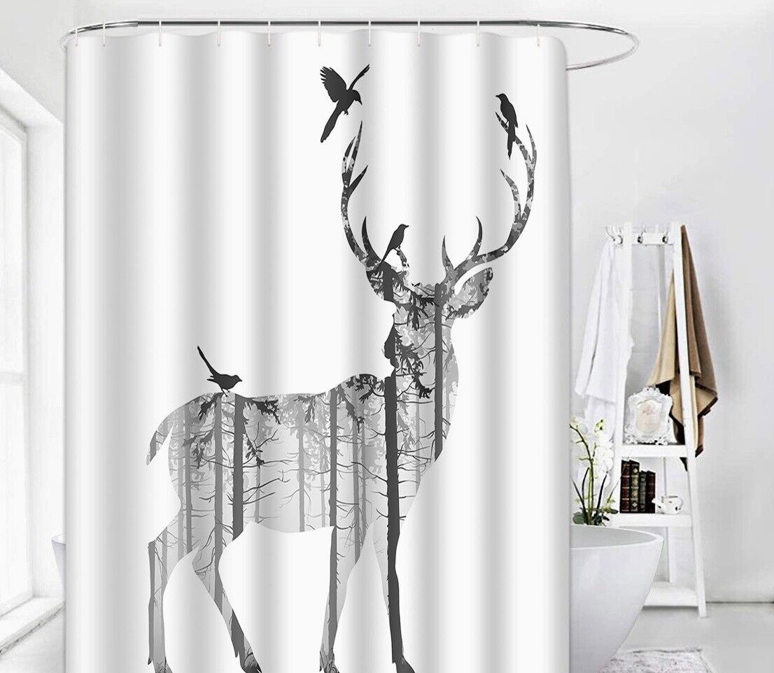 Winter Holiday Deer and Birds Silhouette Shower Curtain