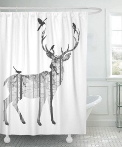Winter Holiday Deer and Birds Silhouette Shower Curtain