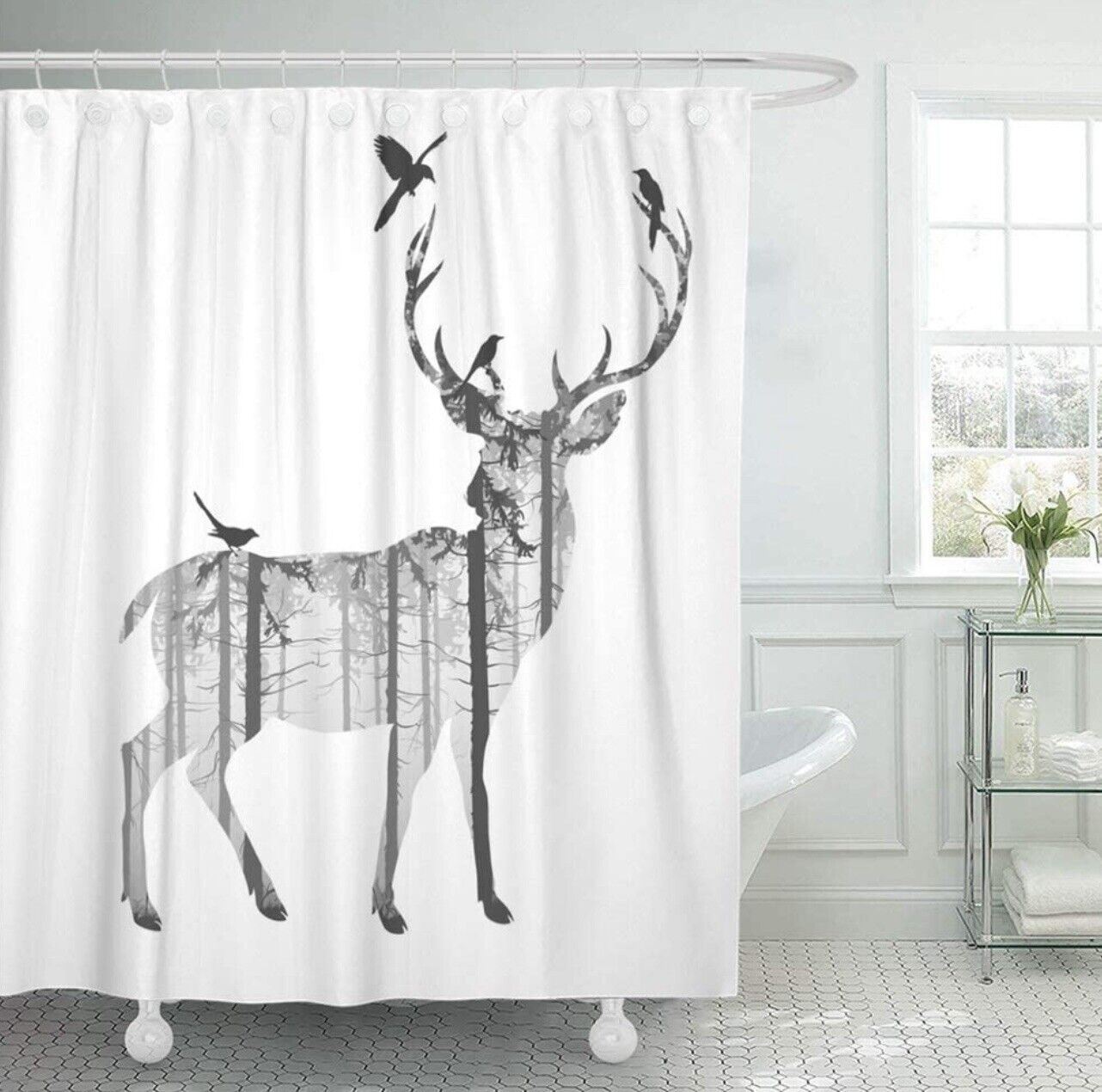Winter Holiday Deer and Birds Silhouette Shower Curtain