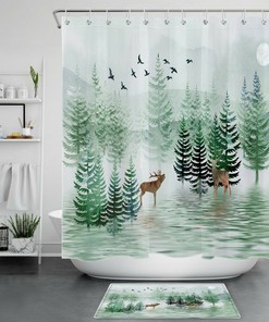 Winter Night Lakeside Pine Forest Shower Curtain 