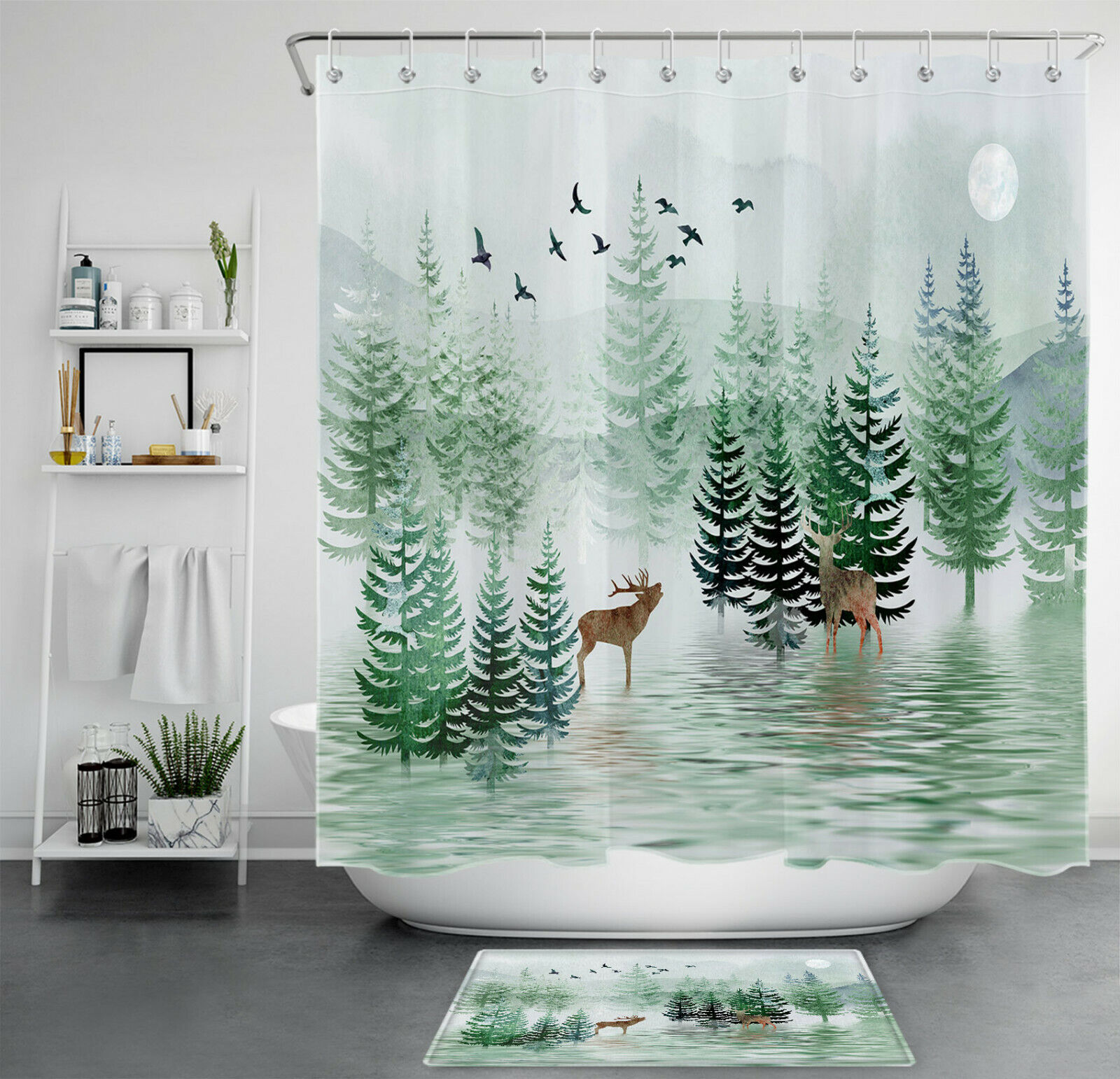 Winter Night Lakeside Pine Forest Shower Curtain