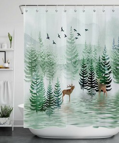 Winter Night Lakeside Pine Forest Shower Curtain