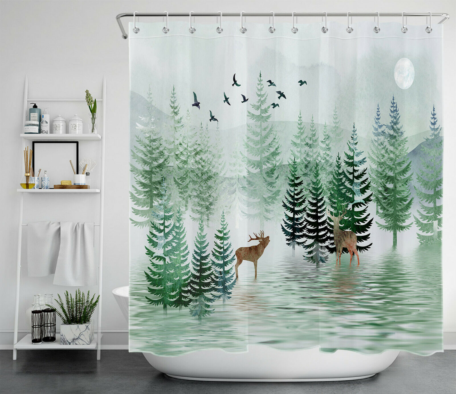 Winter Night Lakeside Pine Forest Shower Curtain