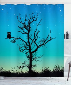 Winter Night Sky Owl Shower Curtain, Stars Grass Goodnight Art Print, Cloth Bathroom Decor