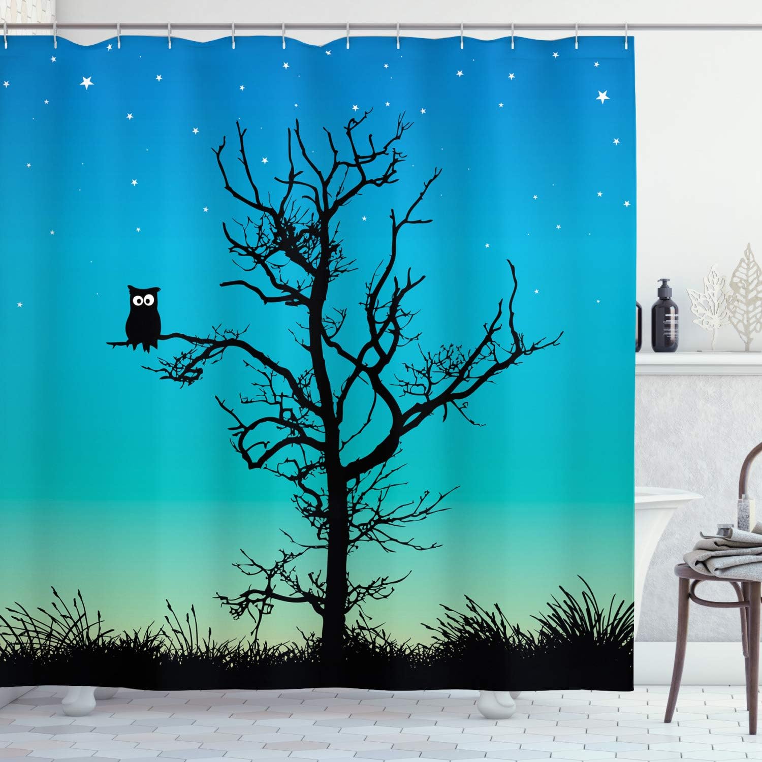 Winter Night Sky Owl Shower Curtain, Stars Grass Goodnight Art Print, Cloth Bathroom Decor
