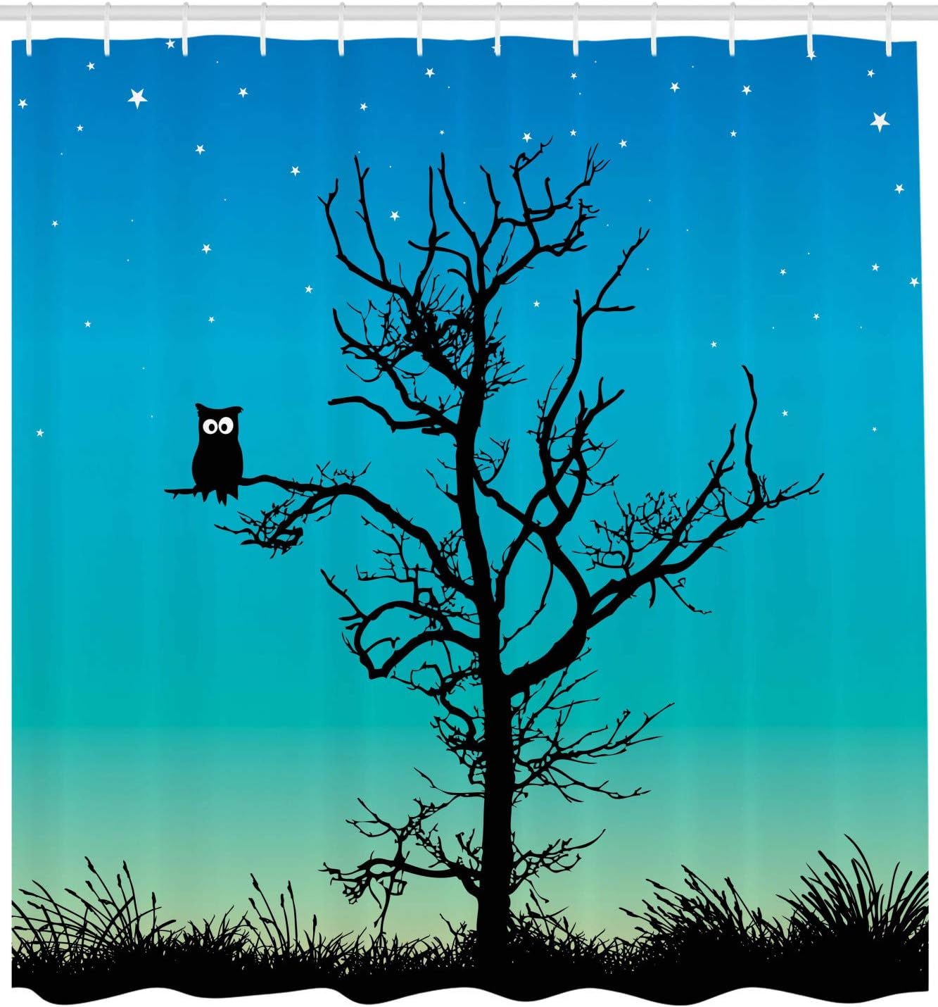 Winter Night Sky Owl Shower Curtain, Stars Grass Goodnight Art Print, Cloth Bathroom Decor - Image 2