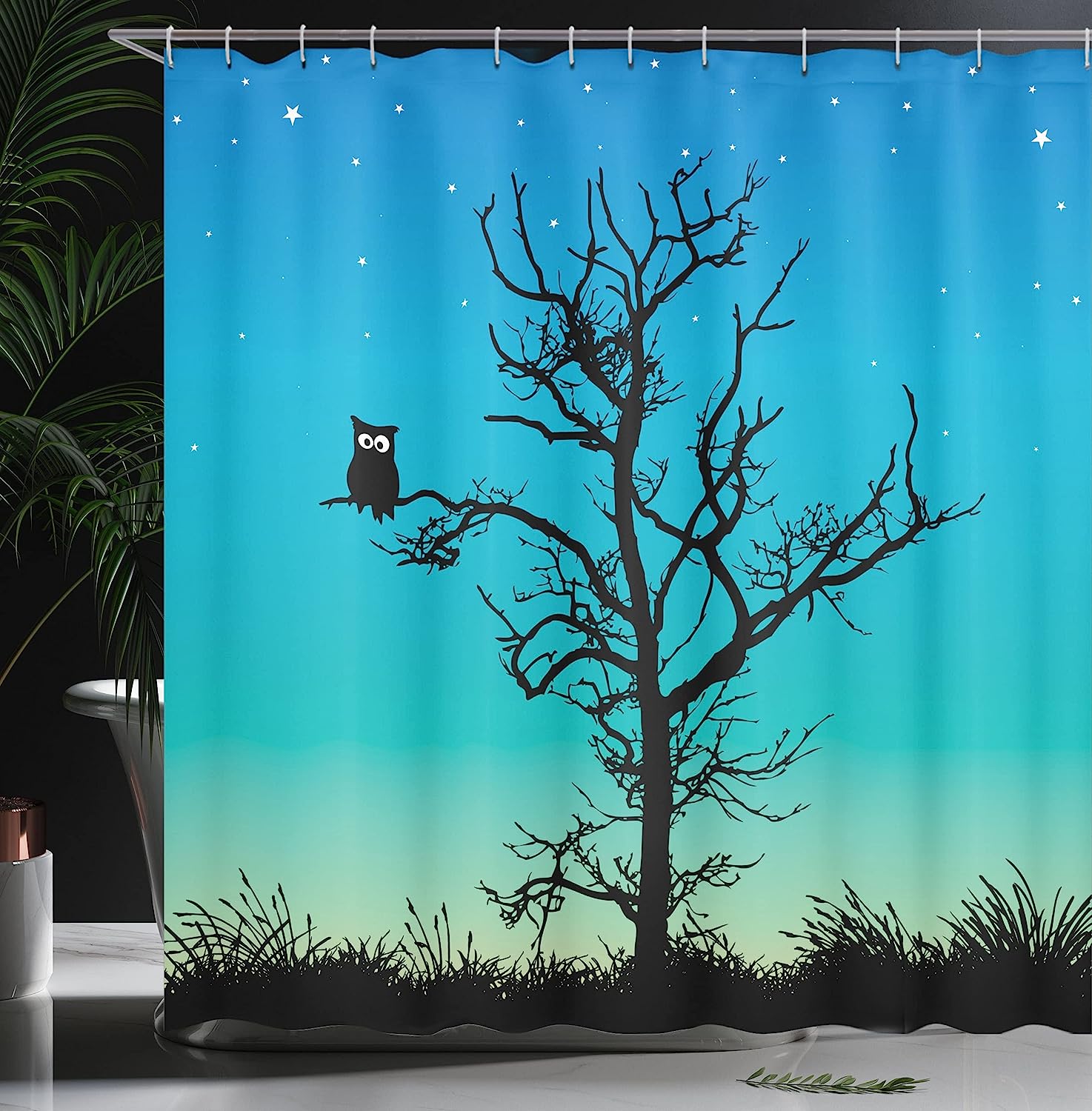 Winter Night Sky Owl Shower Curtain, Stars Grass Goodnight Art Print, Cloth Bathroom Decor - Image 3