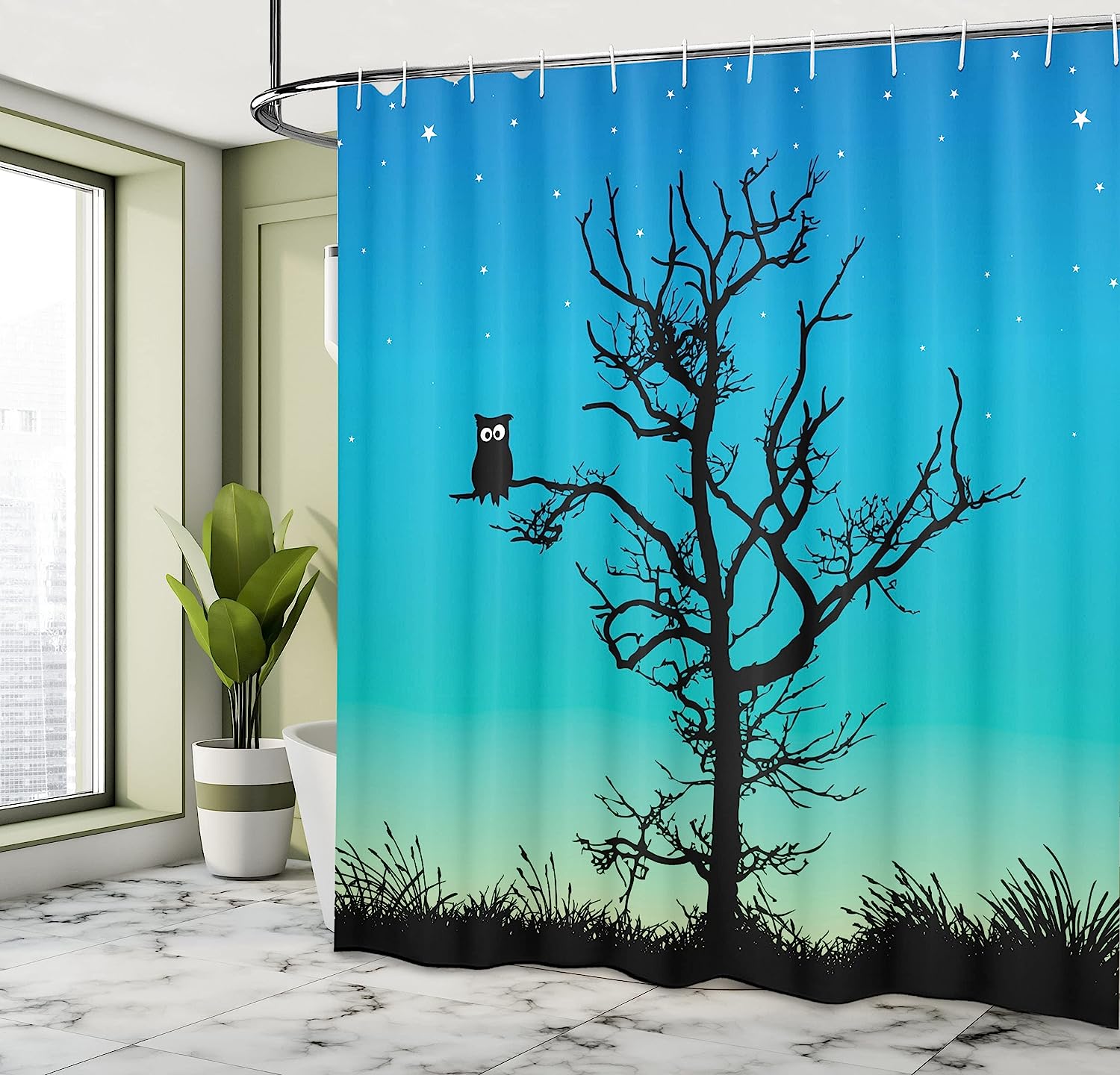 Winter Night Sky Owl Shower Curtain, Stars Grass Goodnight Art Print, Cloth Bathroom Decor - Image 4