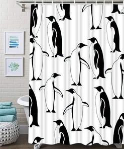 Winter Penguin Christmas Animal Art Bird Shower Curtain, Waterproof Fabric For Festive Bathroom Decor 