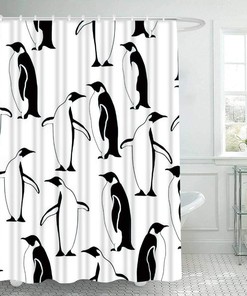 Winter Penguin Christmas Animal Art Bird Shower Curtain, Waterproof Fabric For Festive Bathroom Decor