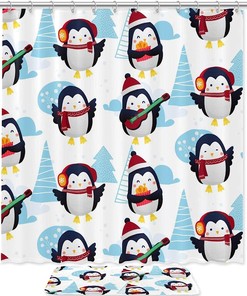 Winter Penguin Pattern Shower Curtain for Bathroom Decor