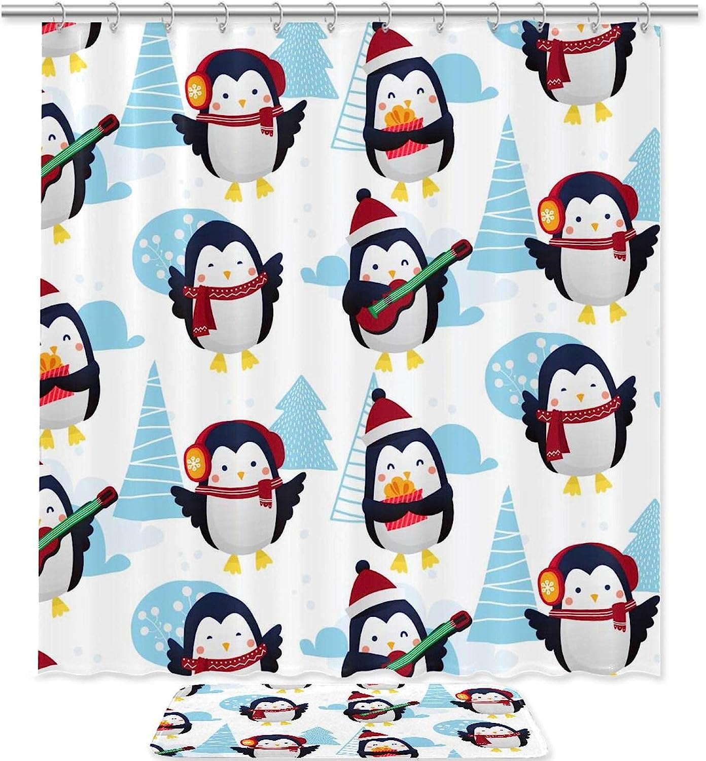 Winter Penguin Pattern Shower Curtain for Bathroom Decor