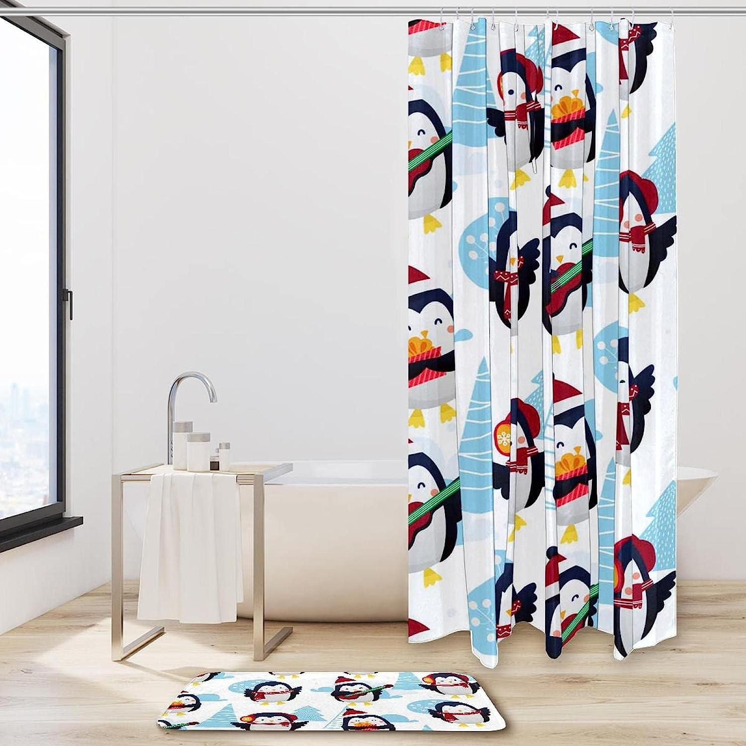 Winter Penguin Pattern Shower Curtain for Bathroom Decor