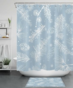 Winter Pine Branches with Blue Snowflakes Shower Curtain, Bring Nature to Your Bathroom Decor