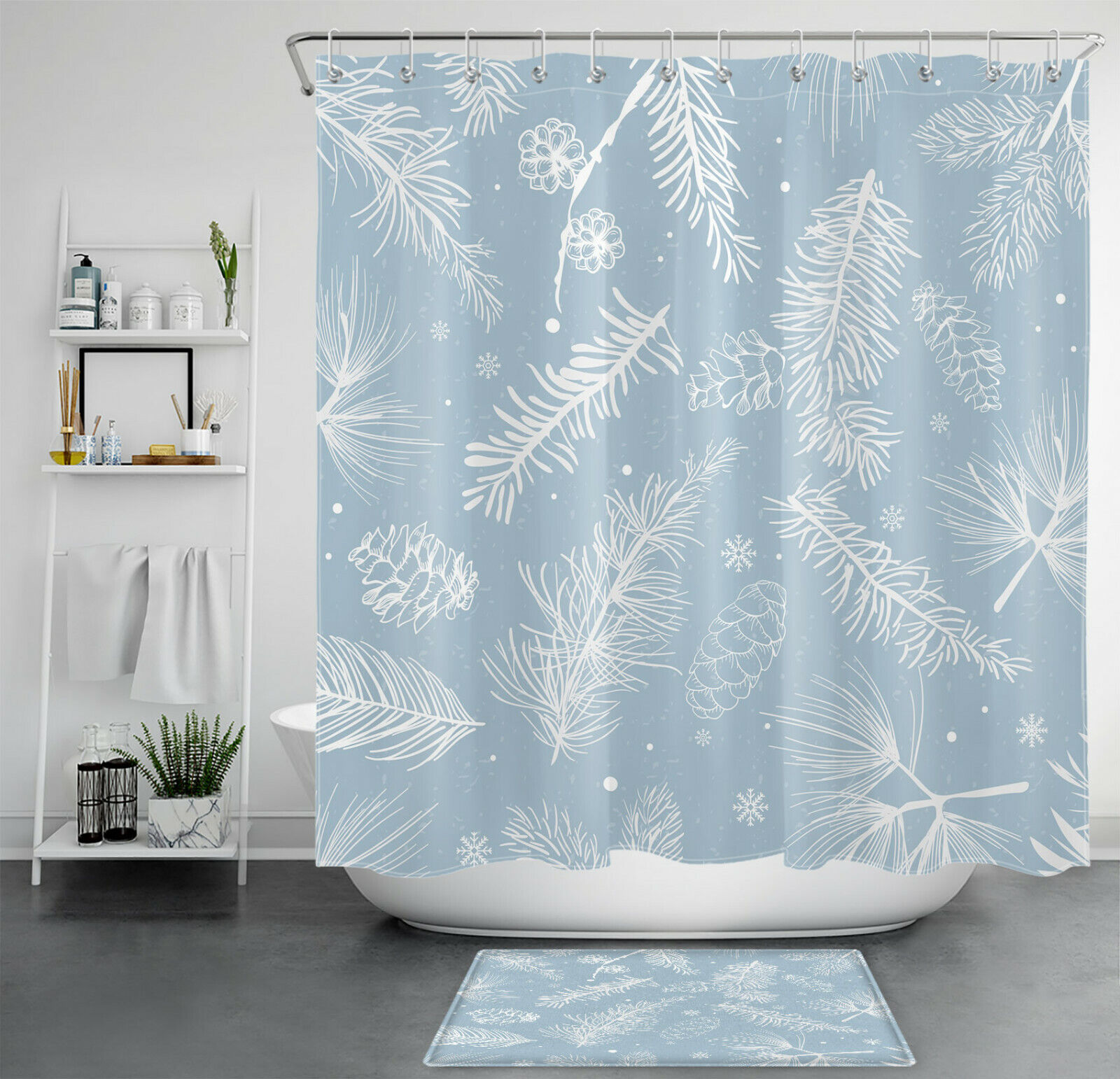Winter Pine Branches with Blue Snowflakes Shower Curtain, Bring Nature to Your Bathroom Decor