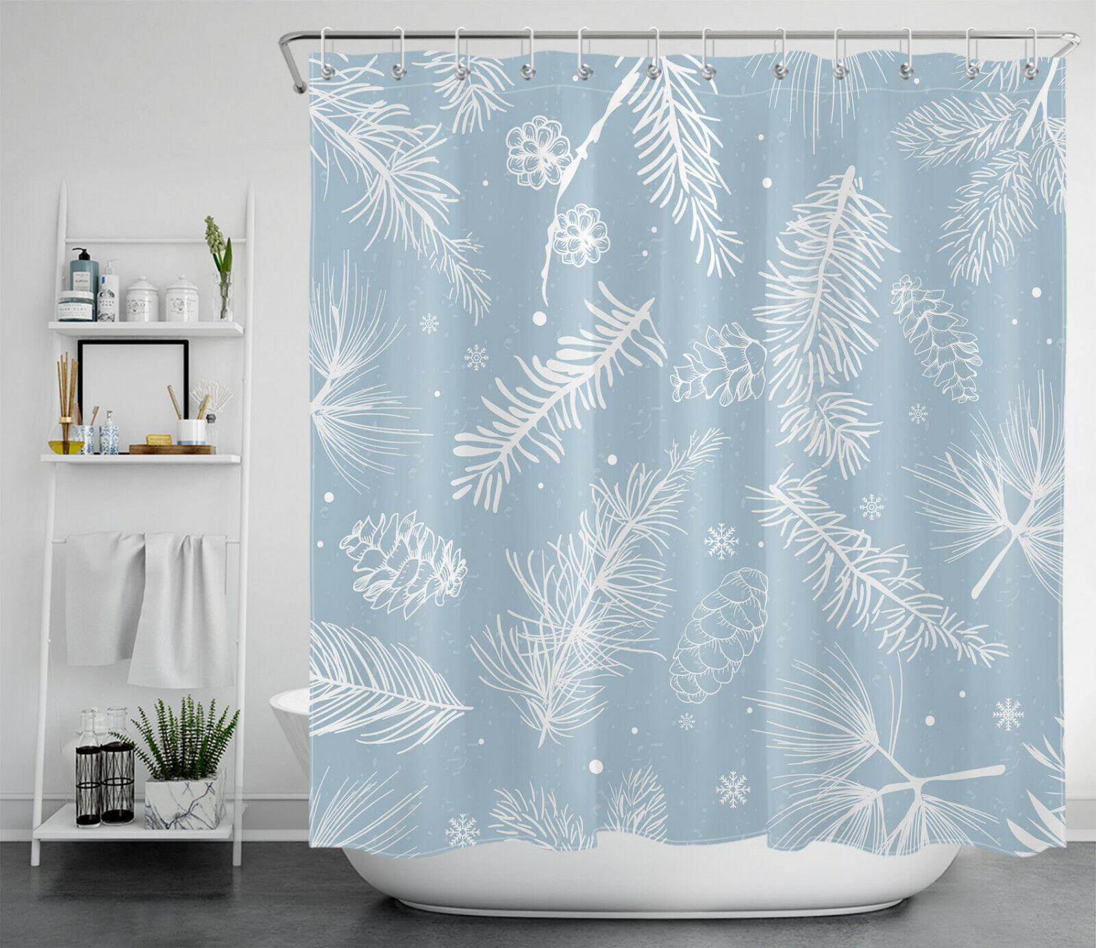 Winter Pine Branches with Blue Snowflakes Shower Curtain, Bring Nature to Your Bathroom Decor
