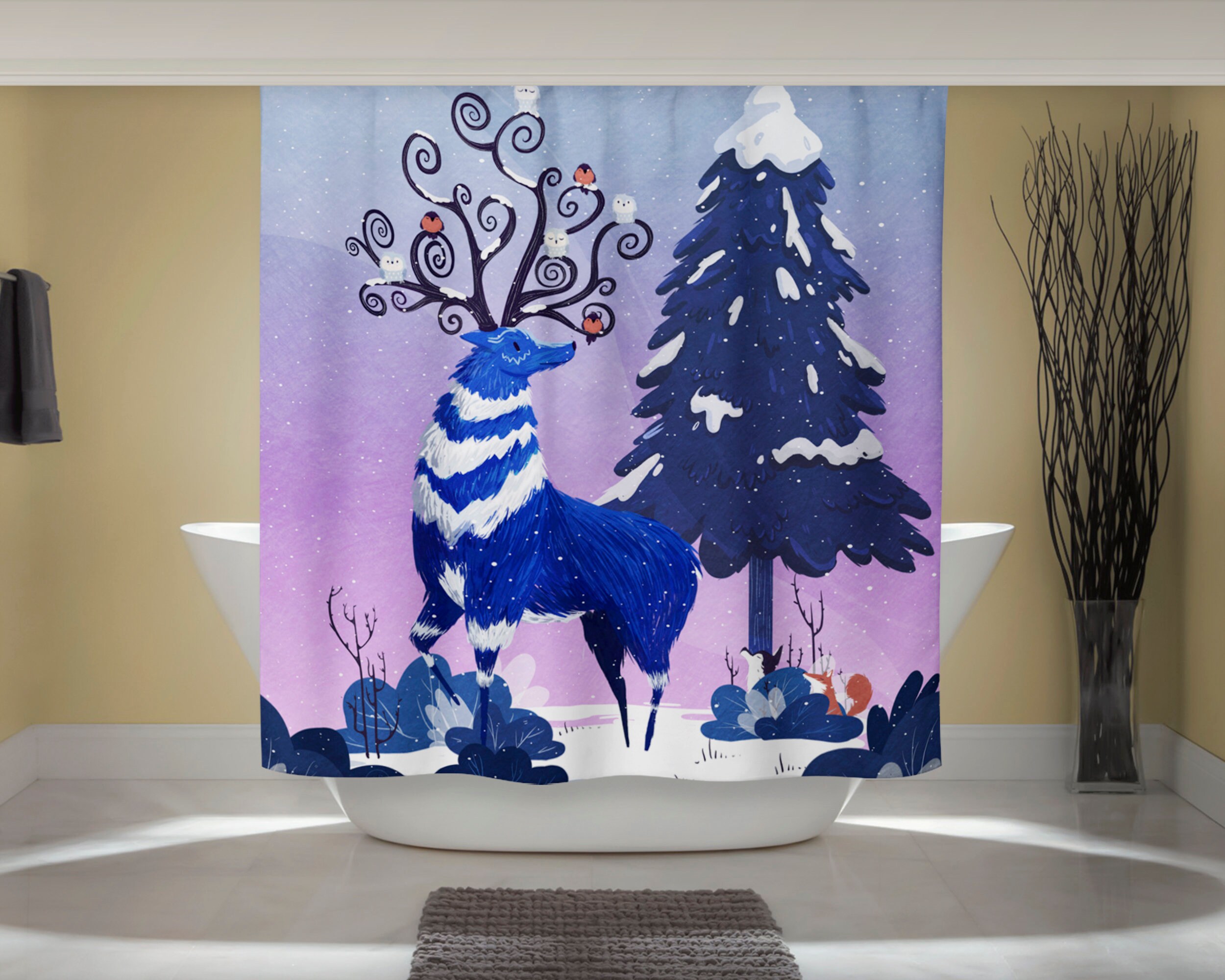 Winter Reindeer Print Shower CurtainNordic Art Nature Bathroom Decor for Women & Kids