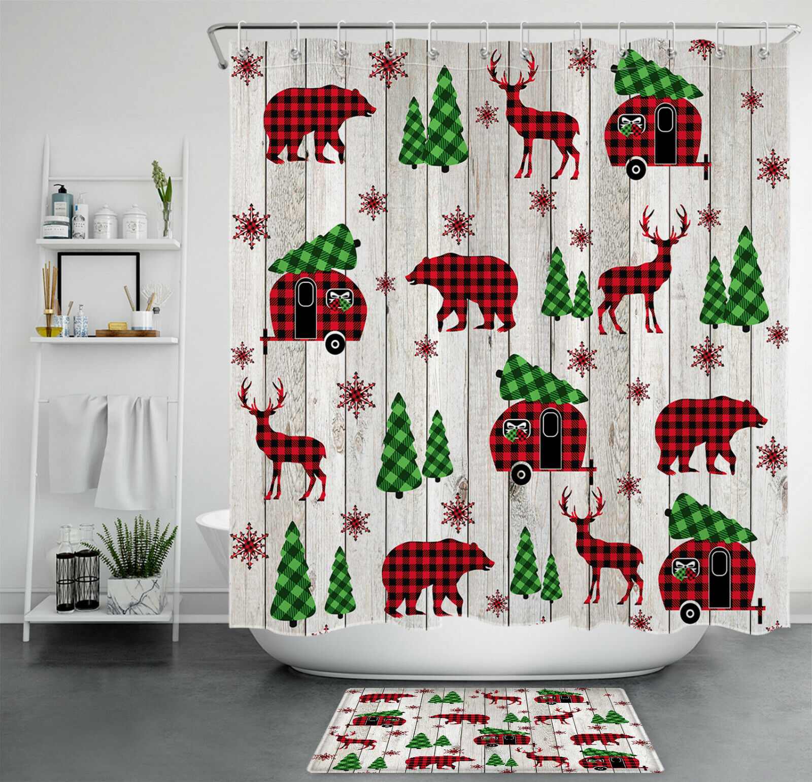 Winter Rustic Board Elk Bear Shower Curtain For A Cozy Christmas Decor