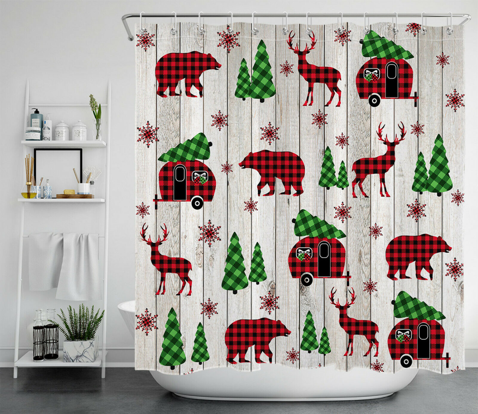 Winter Rustic Board Elk Bear Shower Curtain For A Cozy Christmas Decor - Image 2