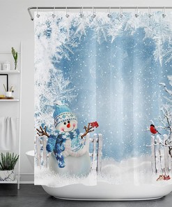 Winter Scene Shower Curtain for Xmas - LB Snowman Snowflakes Birds Standing on Snowy Branch Trees Kid's Bathroom Decor