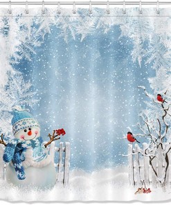 Winter Scene Shower Curtain for Xmas - LB Snowman Snowflakes Birds Standing on Snowy Branch Trees Kid's Bathroom Decor