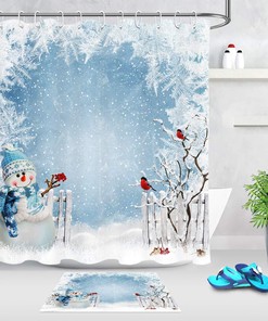 Winter Scene Shower Curtain for Xmas - LB Snowman Snowflakes Birds Standing on Snowy Branch Trees Kid's Bathroom Decor