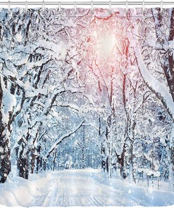 Winter Scenic Shower Curtain for Christmas - LB Snow Covered Trees Pathway in Sunshine Snowflakes Bathroom Decor