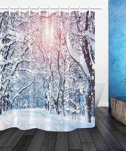 Winter Scenic Shower Curtain for Christmas - LB Snow Covered Trees Pathway in Sunshine Snowflakes Bathroom Decor