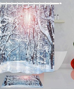Winter Scenic Shower Curtain for Christmas - LB Snow Covered Trees Pathway in Sunshine Snowflakes Bathroom Decor