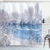 Winter Shower Curtain With Frozen Lake And Snowy Trees Bushes Print, Pale Blue White Bathroom Decor