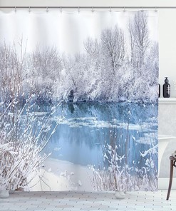 Winter Shower Curtain With Frozen Lake And Snowy Trees Bushes Print, Pale Blue White Bathroom Decor