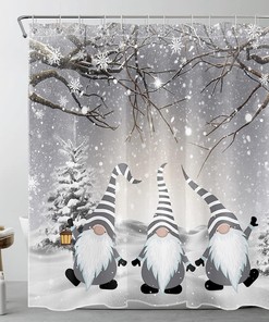 Winter Shower Curtain with Funny Grey Gnome and Snowy Pine Trees for Christmas