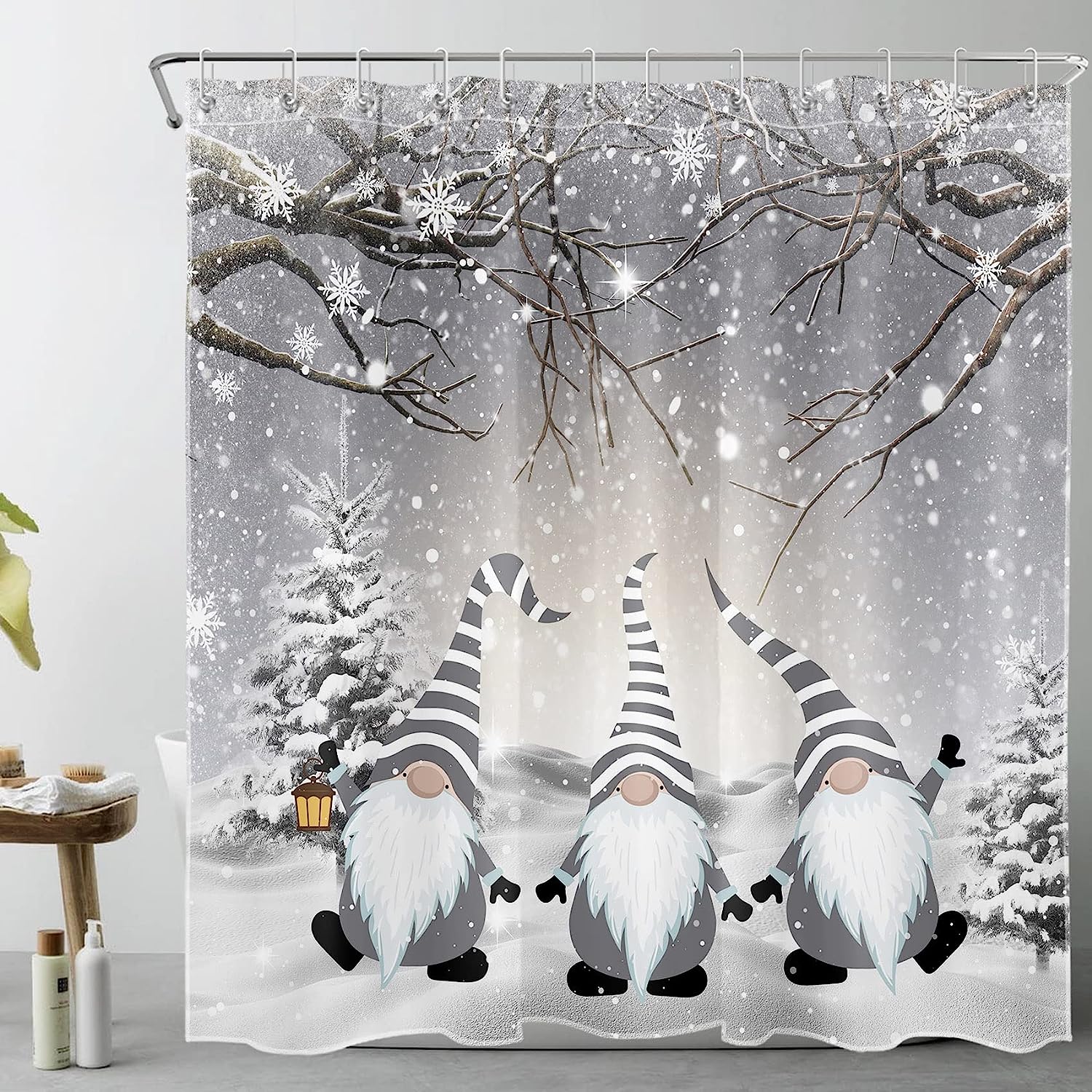 Winter Shower Curtain with Funny Grey Gnome and Snowy Pine Trees for Christmas