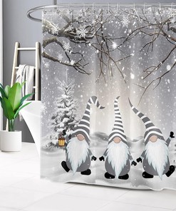 Winter Shower Curtain with Funny Grey Gnome and Snowy Pine Trees for Christmas