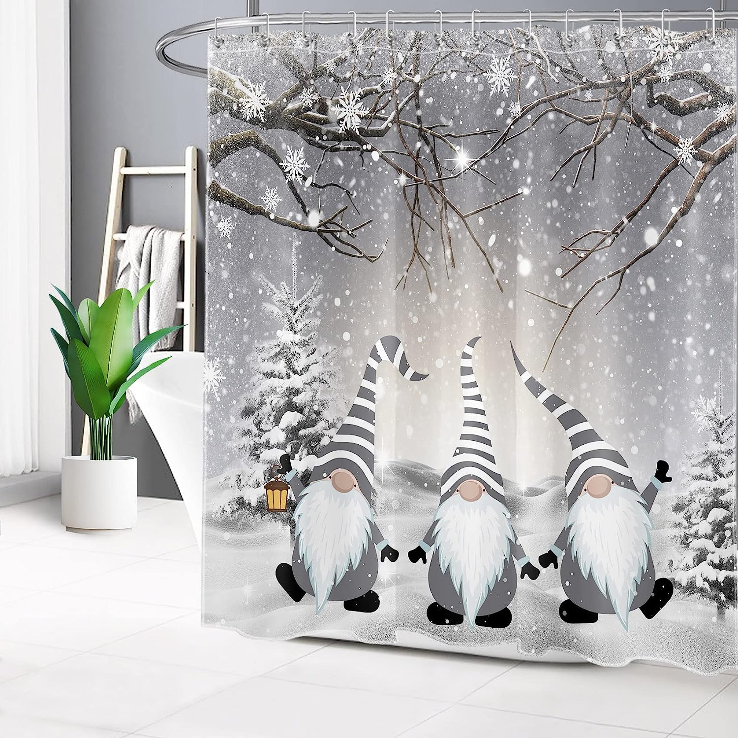 Winter Shower Curtain with Funny Grey Gnome and Snowy Pine Trees for Christmas