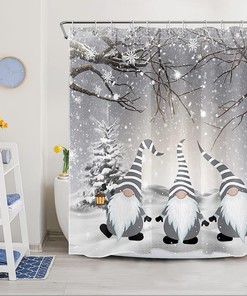 Winter Shower Curtain with Funny Grey Gnome and Snowy Pine Trees for Christmas