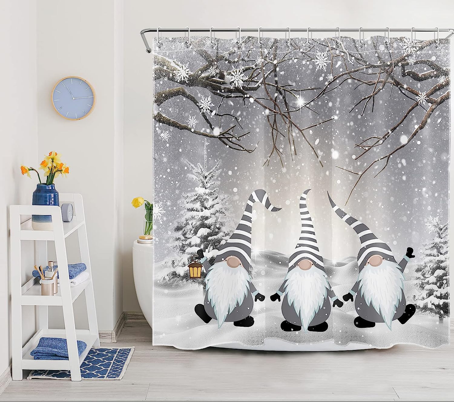 Winter Shower Curtain with Funny Grey Gnome and Snowy Pine Trees for Christmas