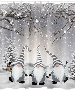 Winter Shower Curtain with Funny Grey Gnome and Snowy Pine Trees for Christmas