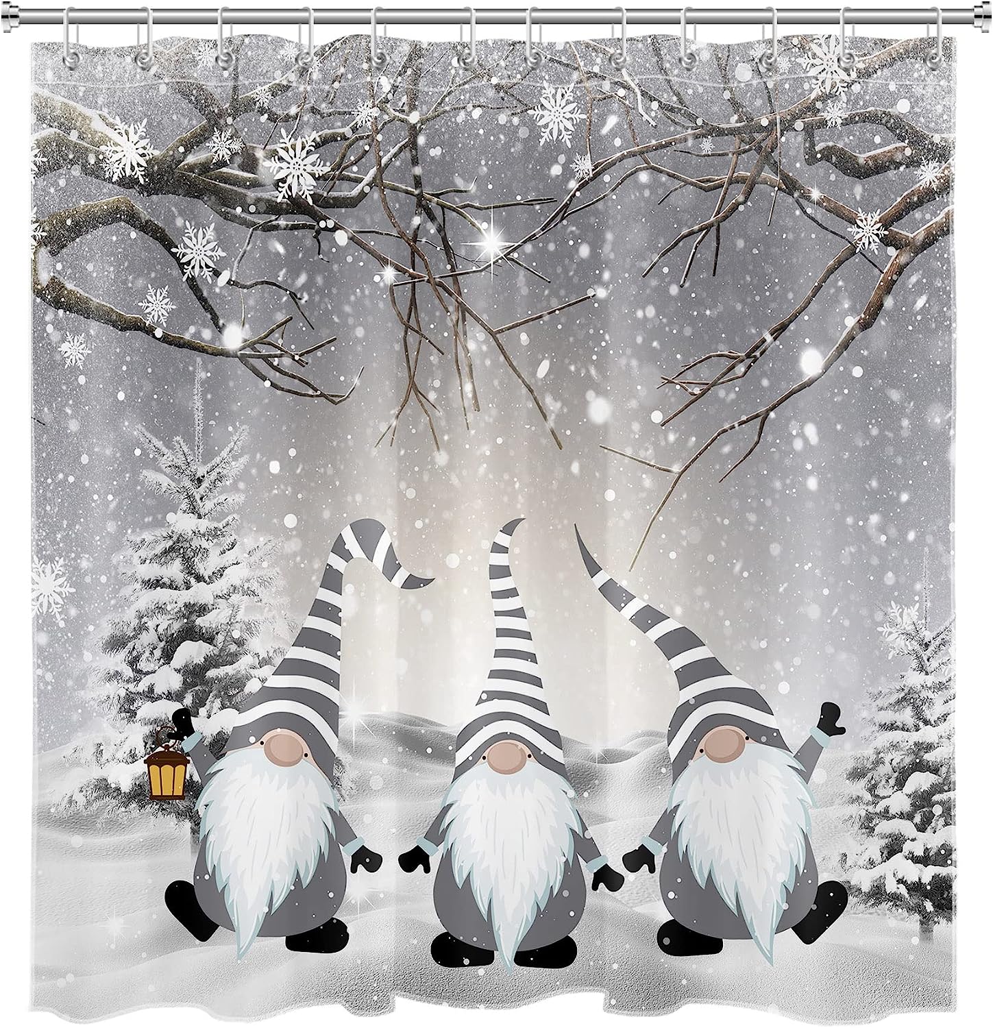 Winter Shower Curtain with Funny Grey Gnome and Snowy Pine Trees for Christmas