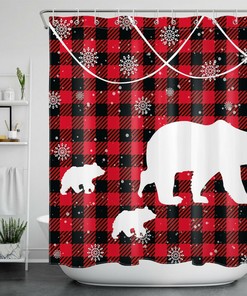 Winter Snow Bear and Red Buffalo Plaid Print Shower Curtain