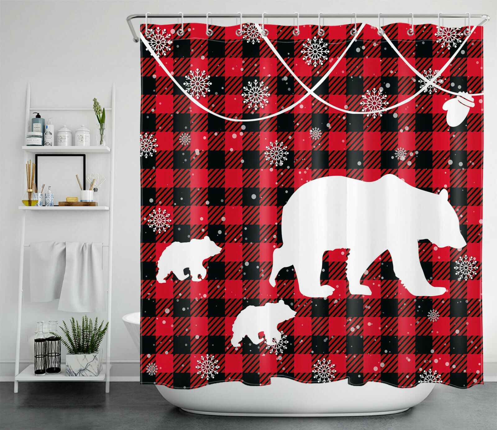 Winter Snow Bear and Red Buffalo Plaid Print Shower Curtain