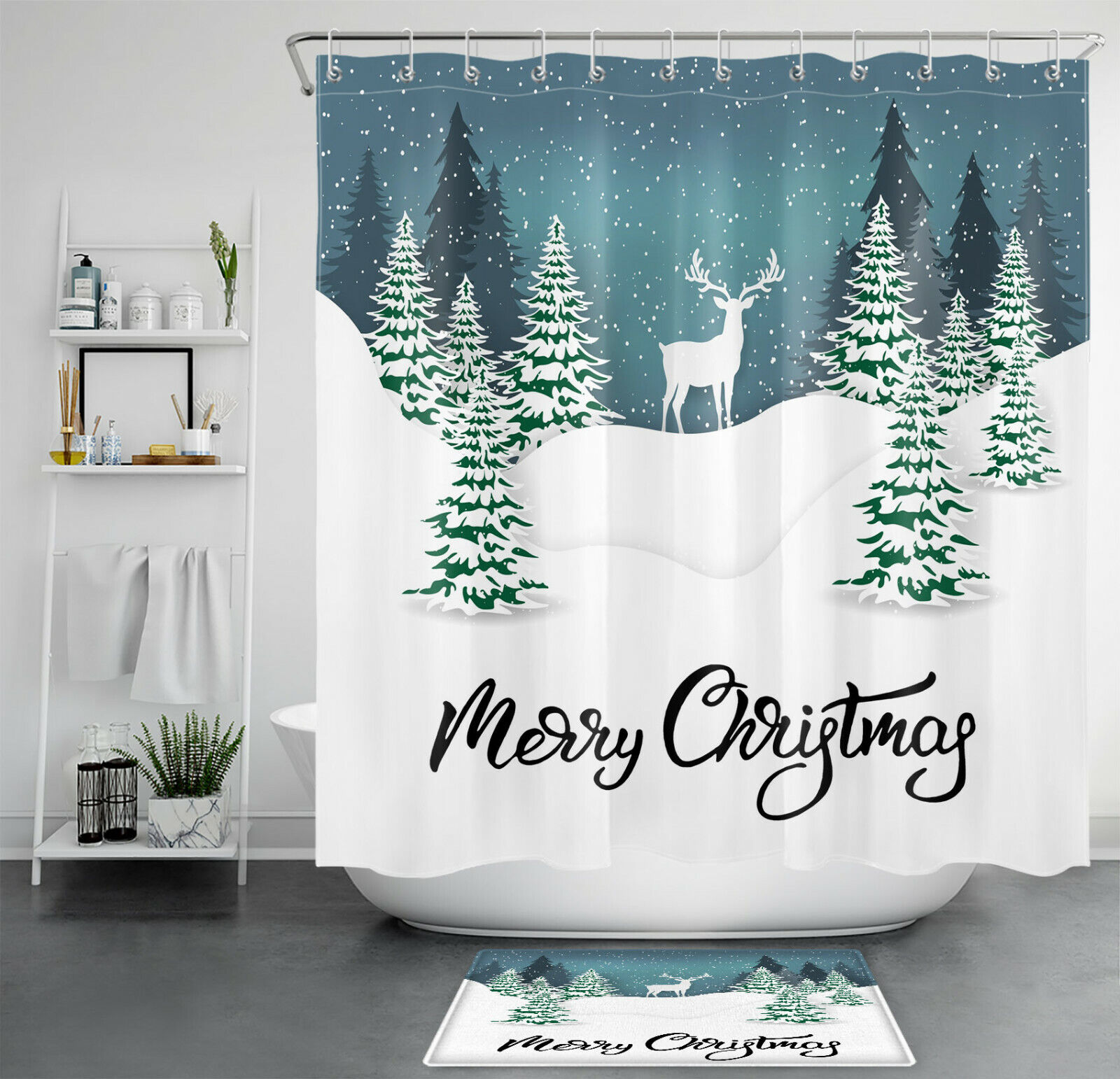 Winter Snow Forest Deer Christmas Shower Curtain - Rustic Woodland Bathroom Decor
