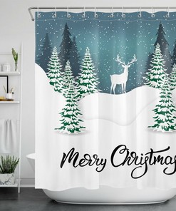Winter Snow Forest Deer Christmas Shower Curtain - Rustic Woodland Bathroom Decor