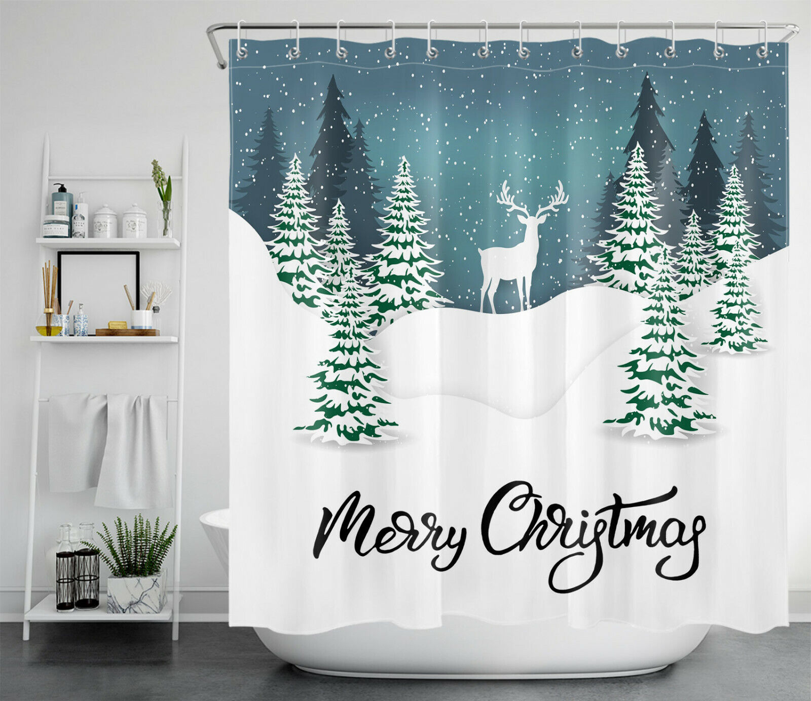 Winter Snow Forest Deer Christmas Shower Curtain - Rustic Woodland Bathroom Decor