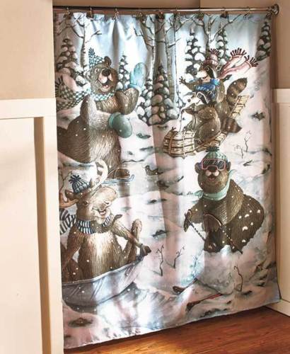 Winter Snow Fun Fabric Shower Curtain with Bear, Moose, Sled and Ski