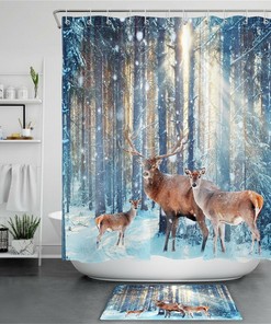 Winter Snow Sunshine Deer Shower Curtain - Rustic Bathroom Decor with Vintage-Inspired Print and Waterproof Fabric