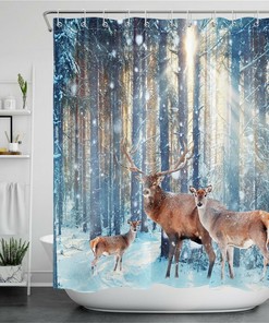 Winter Snow Sunshine Deer Shower Curtain - Rustic Bathroom Decor with Vintage-Inspired Print and Waterproof Fabric