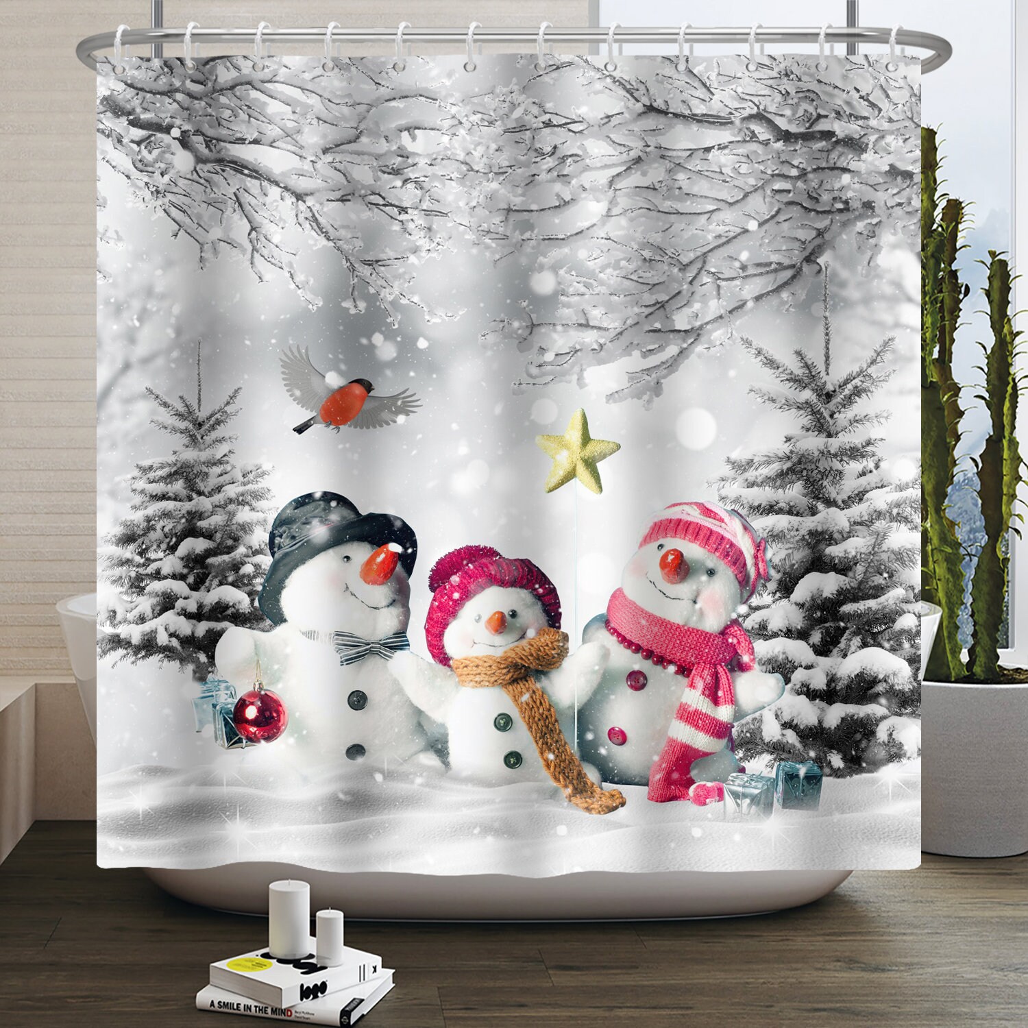 Winter Snow Tree Glitter Shower Curtain for Christmas Decor, Gift for Family